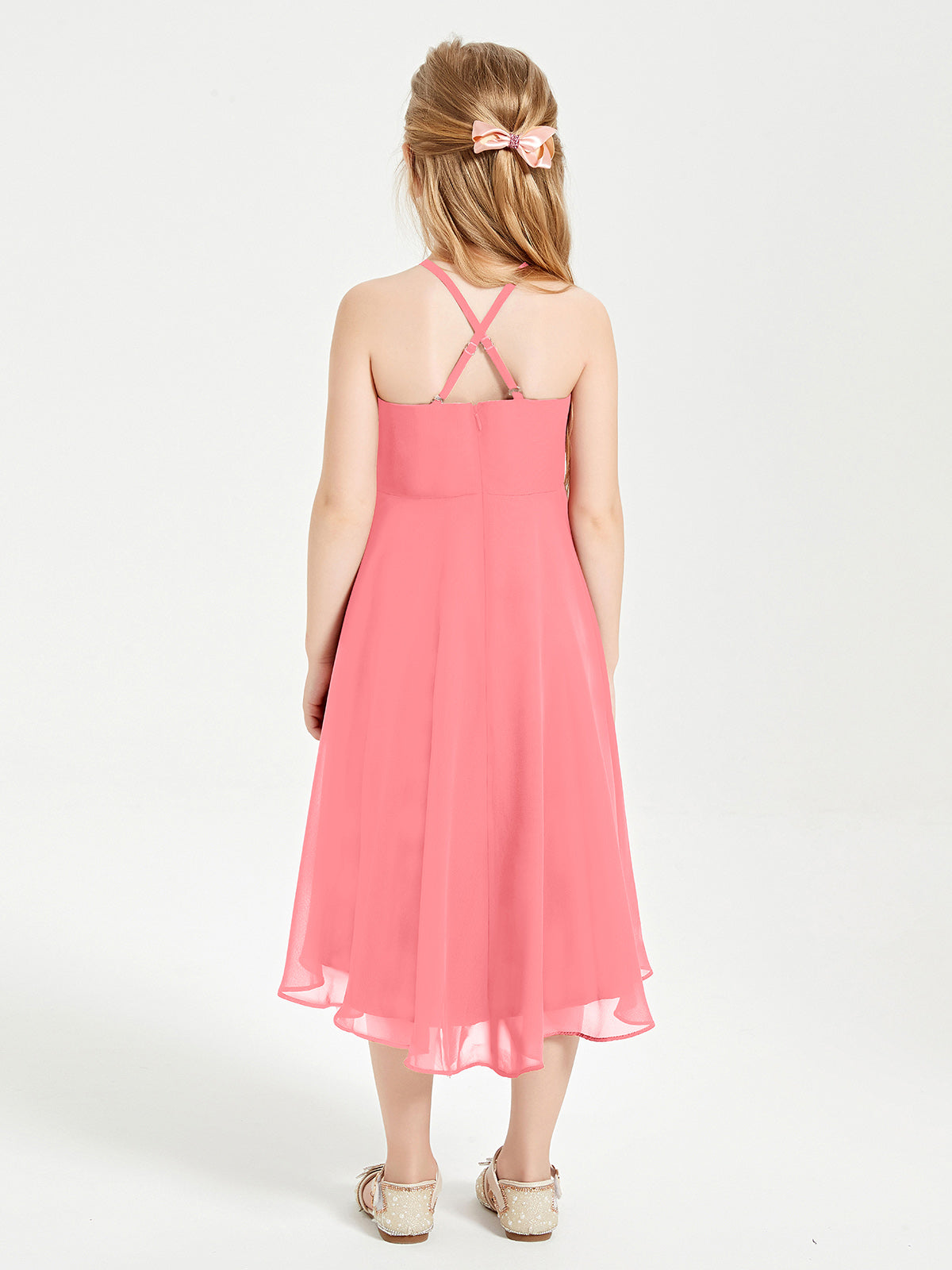 Tea Length Junior Bridesmaid Dresses with Asymmetrical Skirts Watermelon